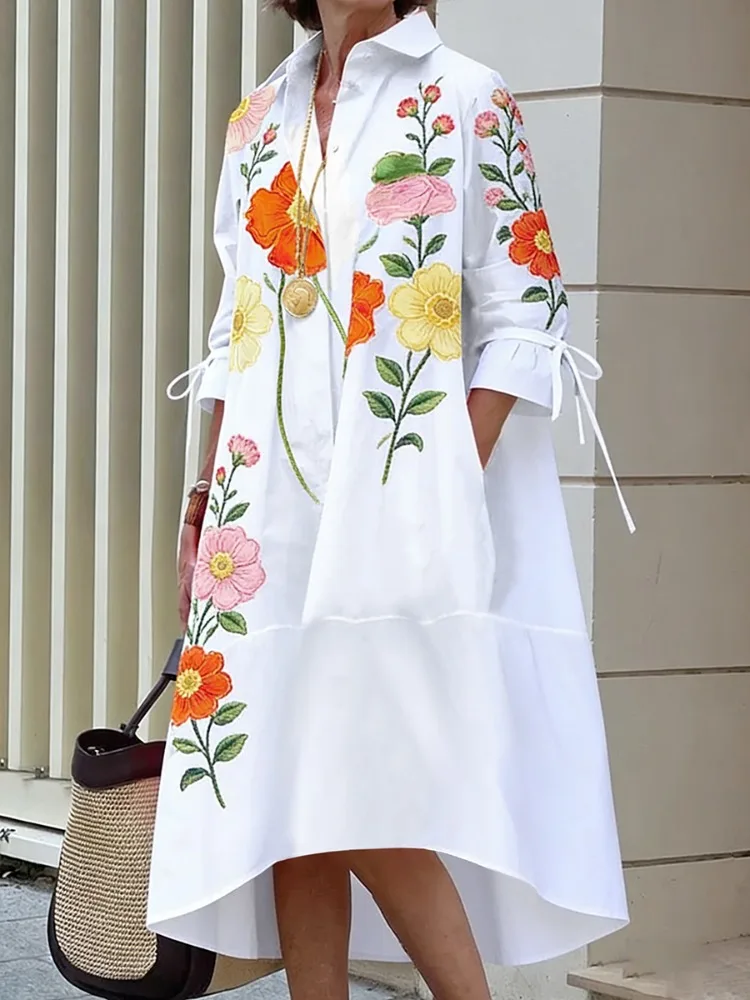 UOOZEE Women's Elegant Colorful Flower Printed Lapel Shirts Dress 2026 New Flared Sleeves Pockets Casual Vacation Midi Dresses