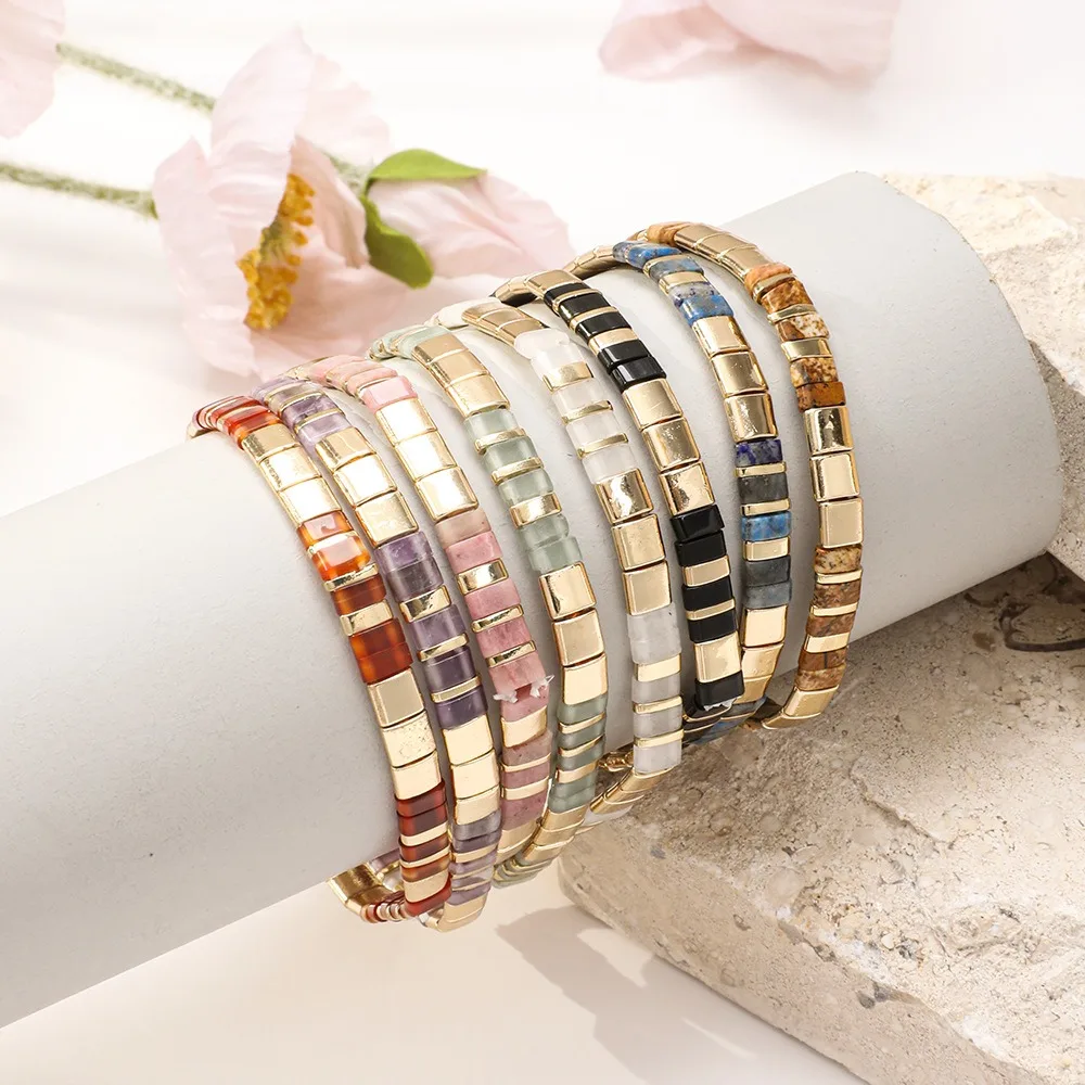 Pulsera elástica con cuentas de Tila de piedra, cadena de piedra Natural colorida para regalo de mujer, joyería colorida de moda 2025, cuentas de azulejos Miyuki