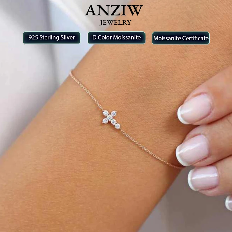

Anziw 925 Sterling Silver Cross Bracelet Certified 2.5mm D Color Moissanite Bracelet for Women Men Jewelry Adjustable Chain Gift