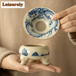 Boutique Blue and White Tea Infusor Dragon Patterned Herbal Tea Tea Strainer Household Tea Brewing Tea Filter Cha Teaset Craft