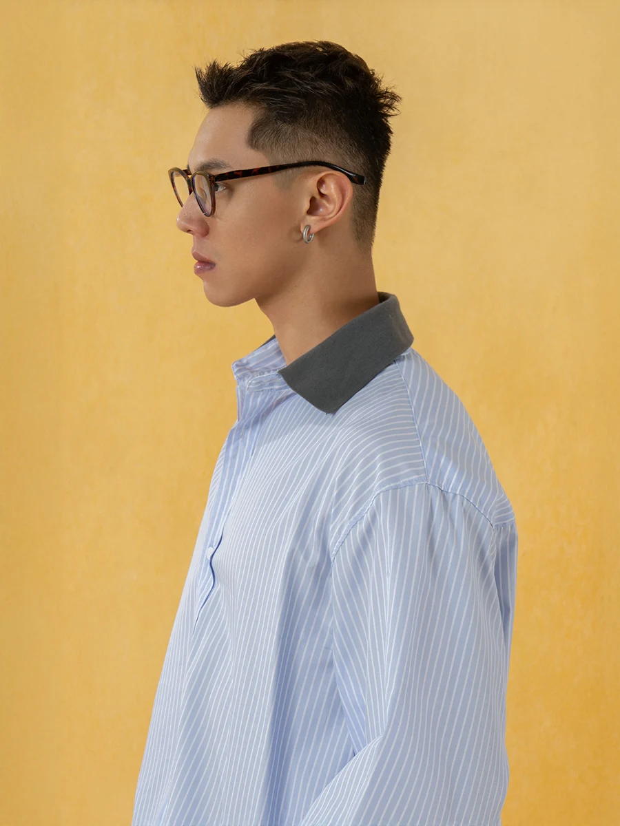 Blue Striped Contrast Color Lapel Long-sleeve Shirts Men's 2025 Four-season Wear Loose Casual Tops Trendy Youth Retro Chic Shirt