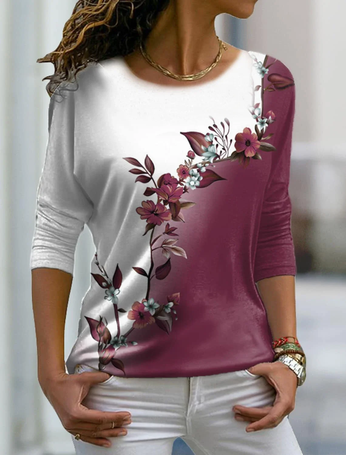 

Autumn versatile long sleeved women's T-shirt with floral pattern printed regular retro casual O-Neck Bohemian multi-color top