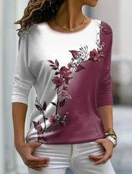 Camiseta versátil de manga larga para mujer, top multicolor con estampado floral, regular, retro, informal, cuello redondo, bohemio, otoño