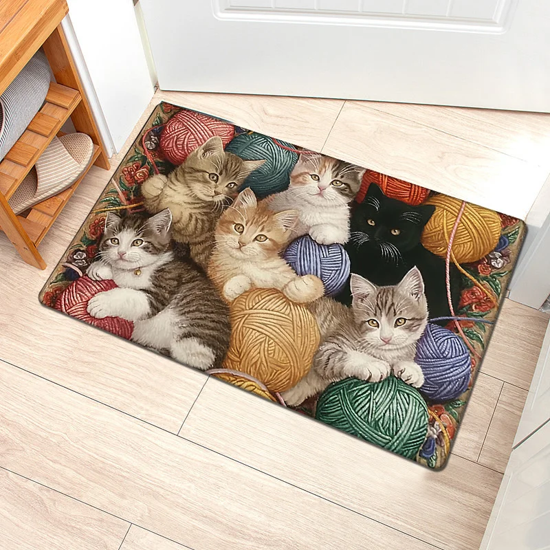 1pc Extra Thick 0.47inch Plush Knit-Effect Floor Mat with Calico Tabby Cat & Yarn Ball Design - Non-Slip Machine Washable Mat fo