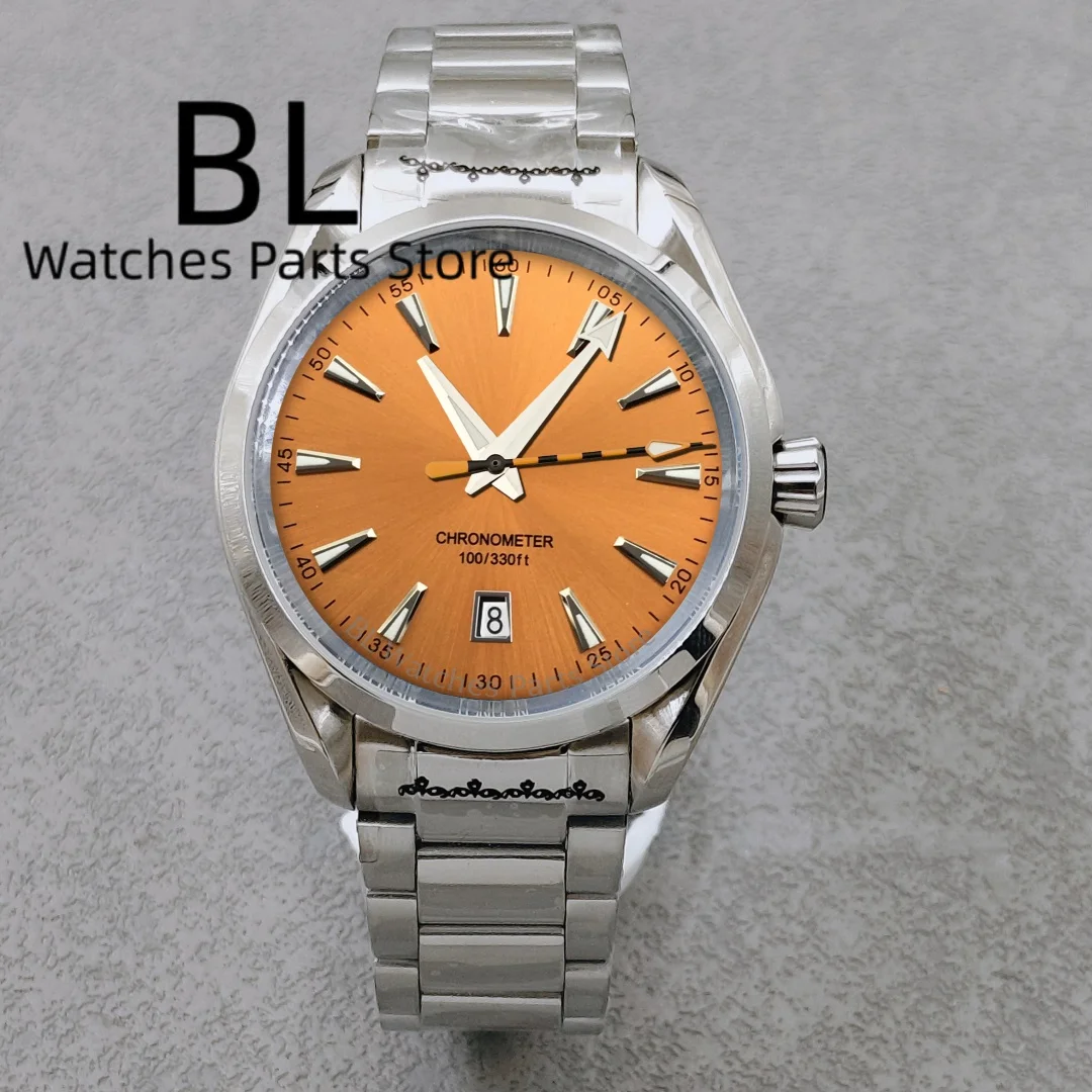 BLIGER 40mm Pomarańczowa Tarcza Sunburst AT150 NH35 Automatyczny Zegarek Męski Datownik na Godzinie 6 Szkło Szafirowe Polerowana Stal Nierdzewna Wodoodporny