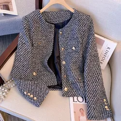 Lucyever Cropped Tweed Jacket for Women New Autumn Winter Korean Single Breasted Coat Ladies Luxury Chic Pocket Woolen Outwear