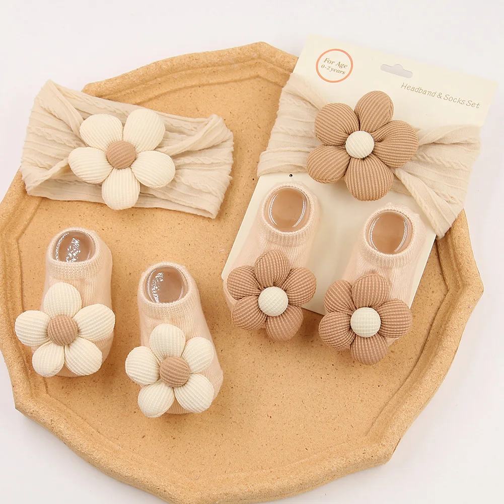 3Pcs/Set Ins Cream Latte Flower Headbands with Ribbed Socks for Baby Girls Boutique Flower Anti-Slip Short Cotton 0-12M Sock