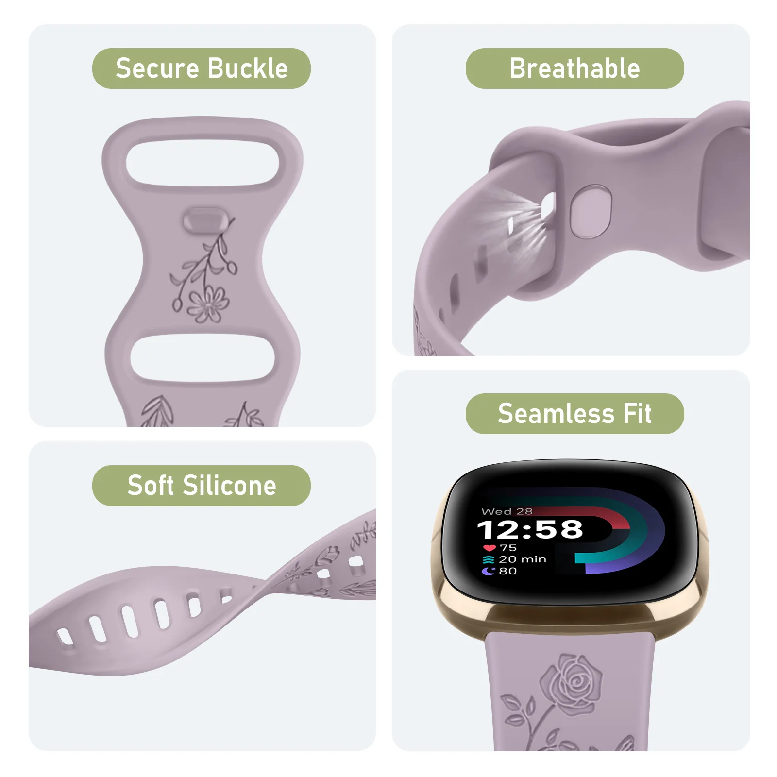 สายนาฬิกาซิลิโคนนุ่มสลักลายดอกไม้ สำหรับ Fitbit Versa 3/Versa 4 และ Fitbit Sense/Sense 2