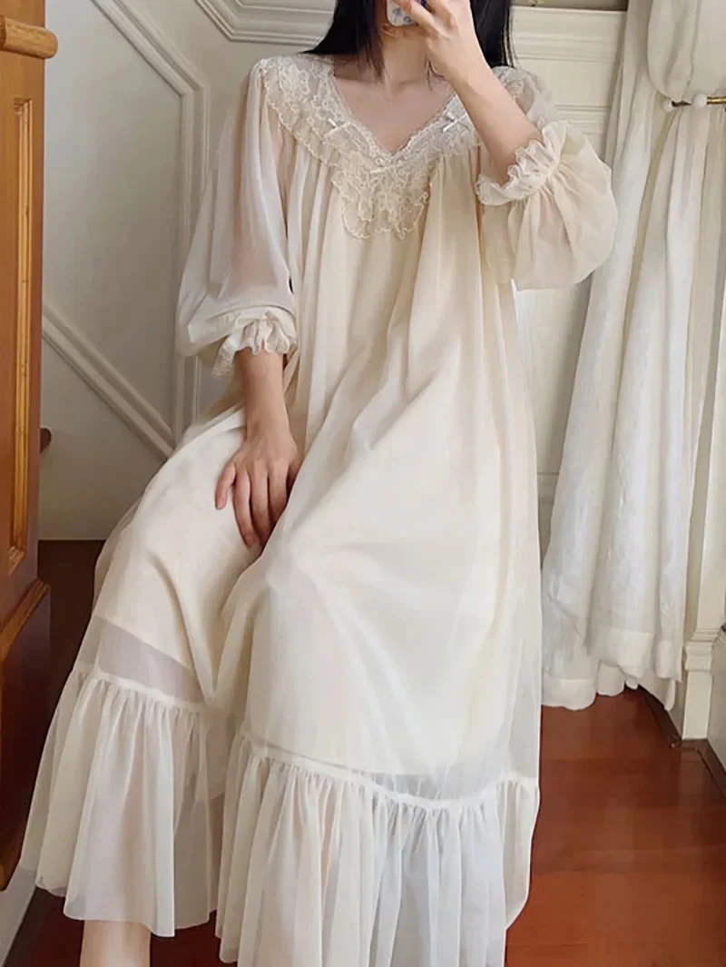 French Fairy Mist Mesh Sleepwear Nightdress Women Pure Cotton Robe Princess Ruffles Dress Summer Romantic Victorian Nightgowns