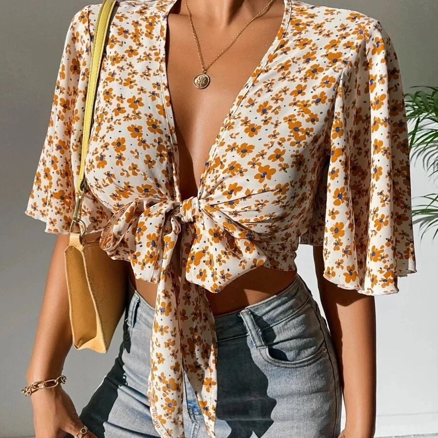 

Zadily 2025 Women's Yellow Floral Print Shirts Deep V Neck Tie Front Flared Sleeve Cropped Boho Summer Vacation Top Clothing