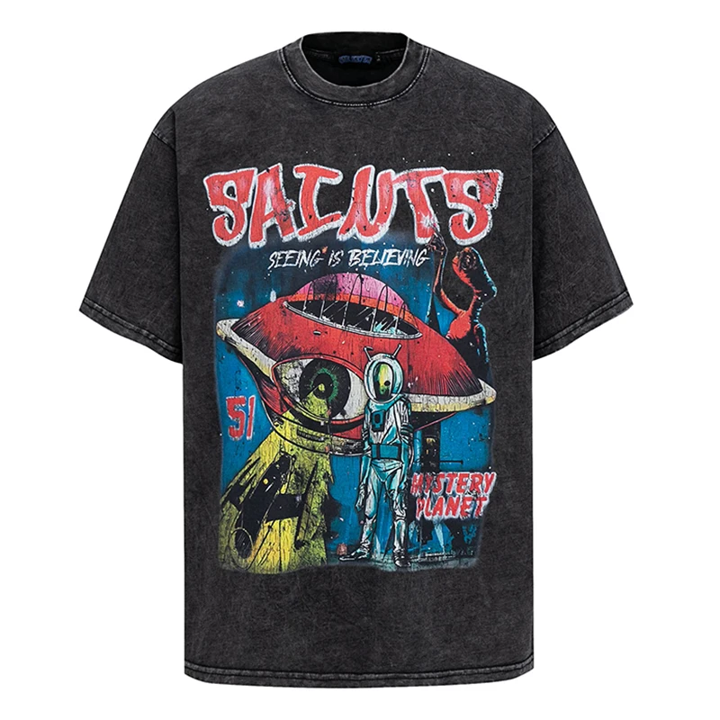 

Мужская винтажная потертая футболка большого размера в стиле ретро, космическая футболка с рисунком НЛО инопланетянина, уличная одежда в стиле Харадзюку, повседневный хлопковый топ в стиле хип-хоп, 2025 г.
