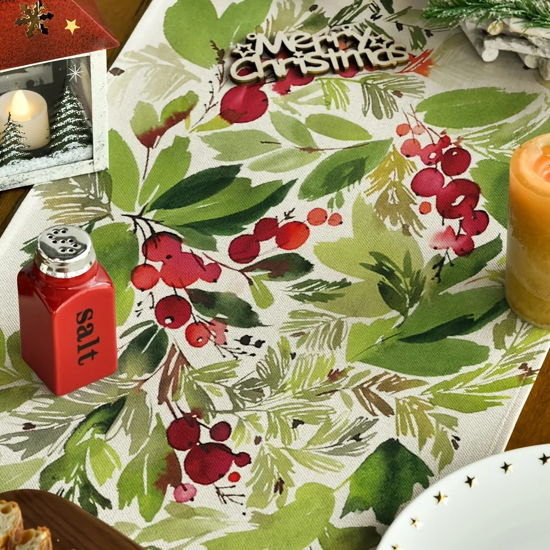 1 قطعة مفرش المائدة الكتان ، تصميم "عيد ميلاد سعيد" ، نمط هولي المائية لأجواء عيد الميلاد عطلة ديكور للطاولات وهدية المنزل #4
