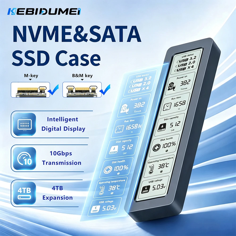 Kebidumei M.2 NVME SATA SSD-Gehäuse 10Gbps M.2 zu USB Typ C Intelligentes Digital-Display Externes SSD-Box-Adapter Unterstützt UASP