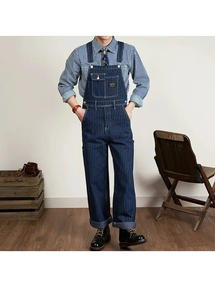 American Vintage Raw Blue Denim Jumpsuits for Men Vertical Striped Wide Leg Loose Straight Overalls Pants Jeans Amekaji Workwear