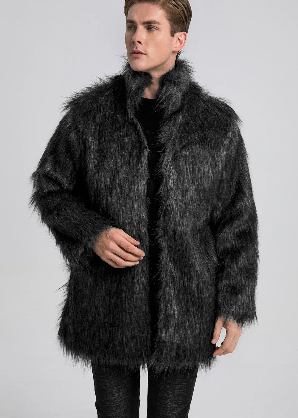 

European American New Fashion Men's Stand Collar Long Sleeve Solid Color Casual Trendy Simple Basic Faux Fur Coats Male Clpthes