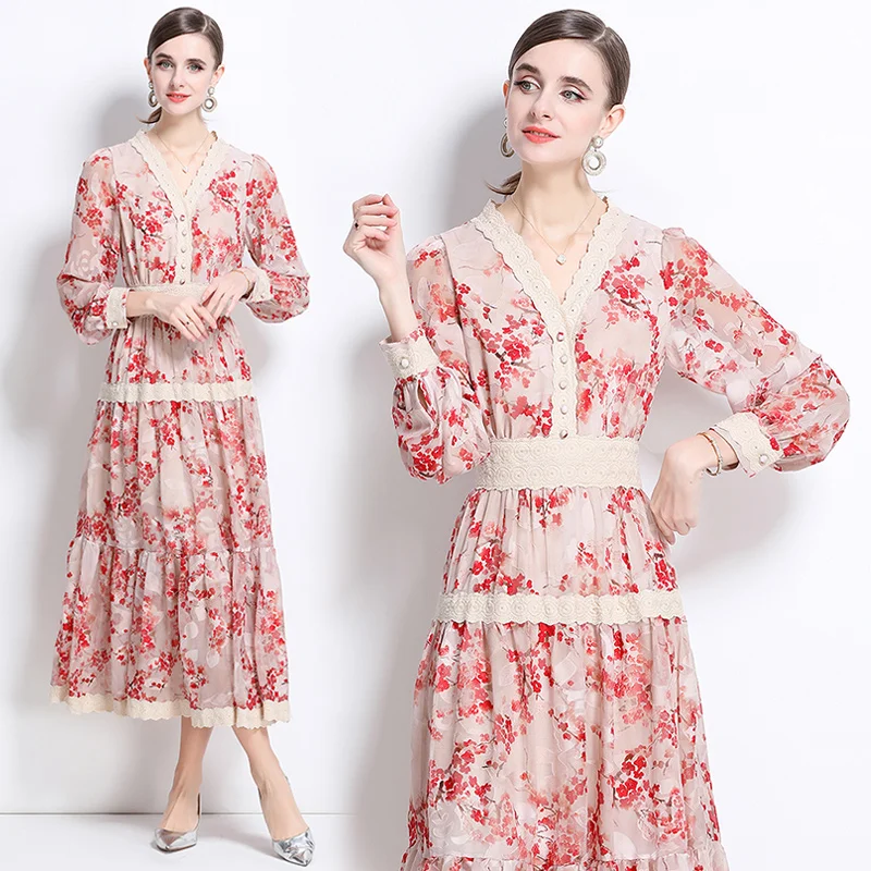 

Fashion Runway Dress Spring Autumn Women V-Neck Long Lantern Sleeve Lace Patchwork Party Fashion Embroidery Mesh Maxi Vestidos