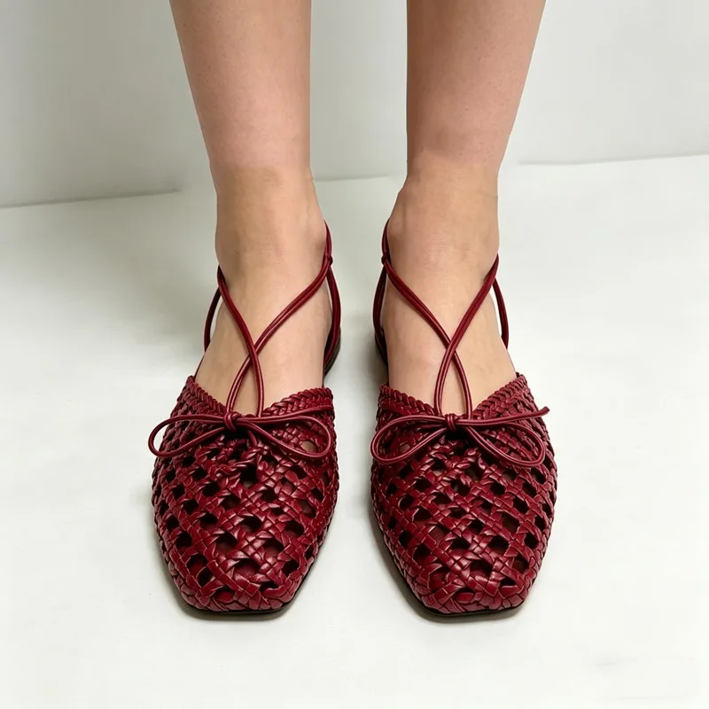 Hand Woven Back Strap Flat Sandals Women Braided Upper Design Slingback Cage Flats for Girl Cute Bow Detail Summer Casual Shoes