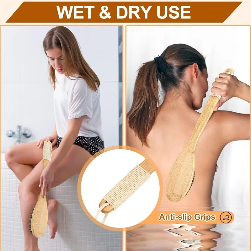 Natural Bristles Bamboo Shower Brush with Curved Long Handle, Detachable,  for bath, cleaning brush, massage, rub, back brush