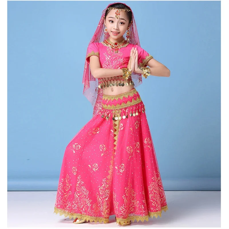 Conjunto de trajes de danza del vientre para niños, falda de danza del vientre para niñas, vestido de baile de Bollywood, ropa de baile indio de competición de escenario