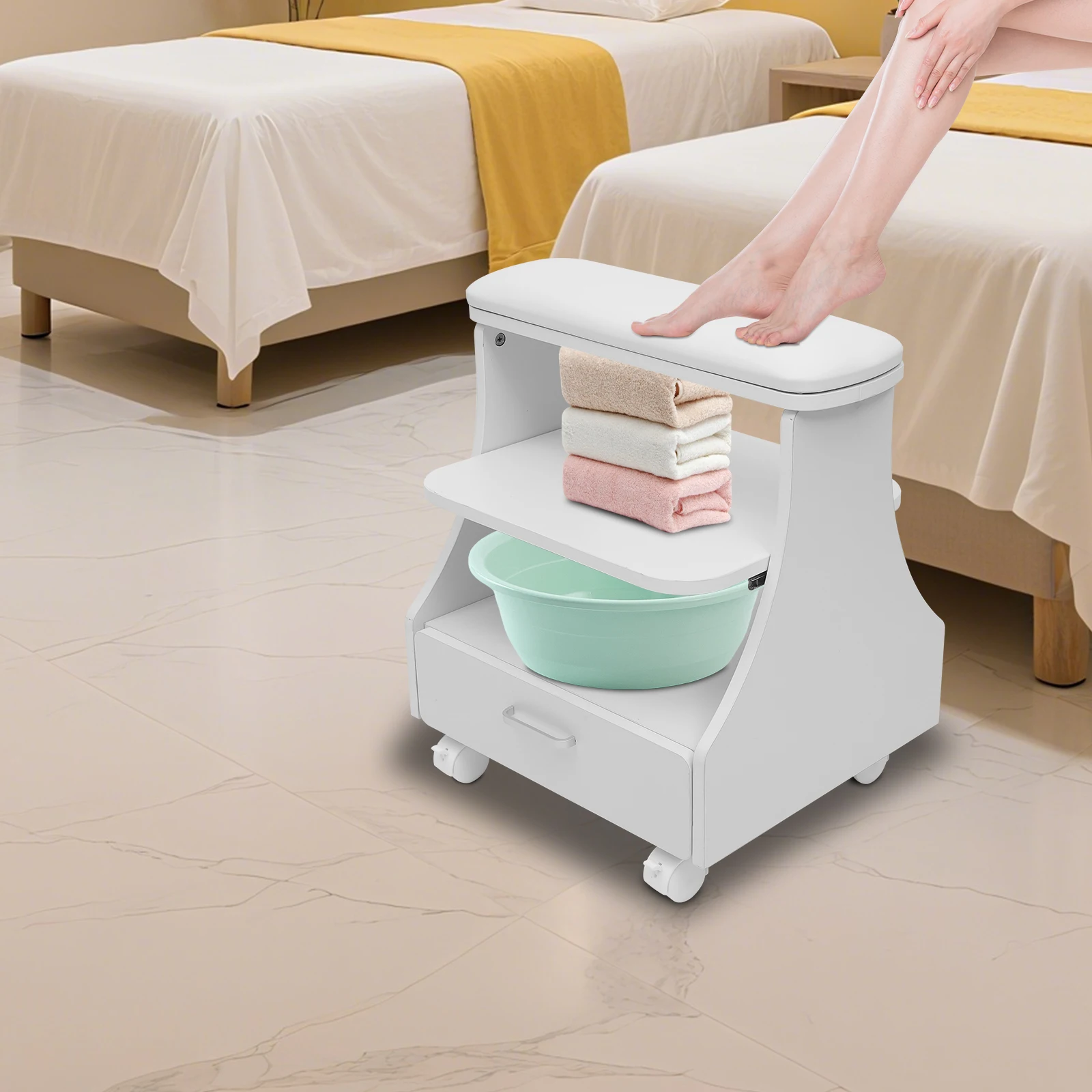 รถเข็นทำเล็บมือและเล็บเท้า 3 ชั้น ทำจากไม้เอ็มดีเอฟ สีขาว พร้อมเก้าอี้ทำเล็บมีล้อเบรก สำหรับใช้ในสปาและคลินิกเสริมความงาม