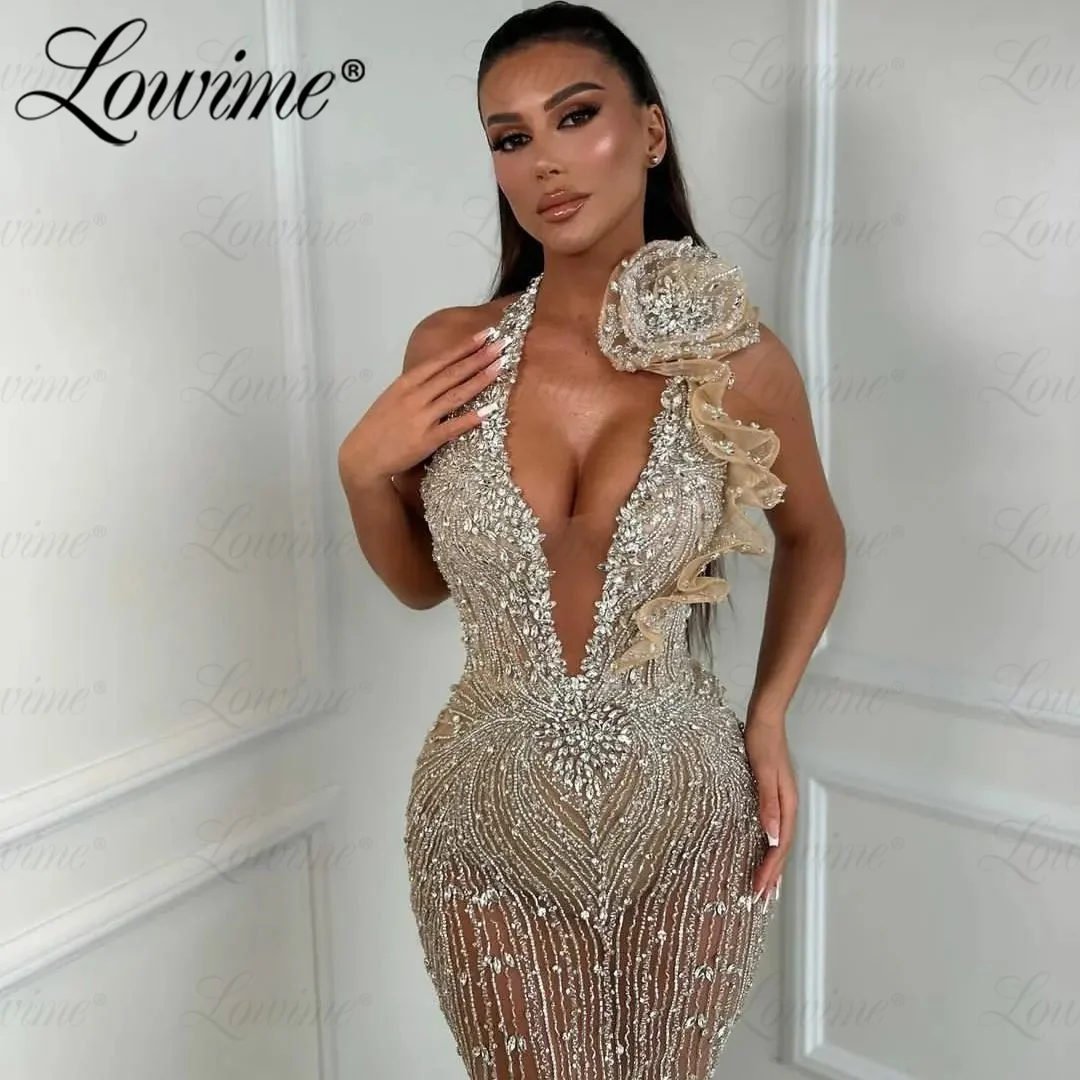 Champagne Mermaid Evening Dresses Sequined Beads Stone Aso Ebi Dress For Women Prom Dress Long Crystals Halter Party Gowns Robes