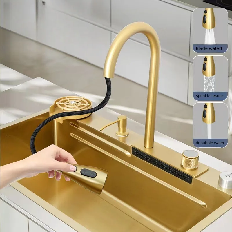 Single Bowl Handmade Stainless Steel Kitchen Sink with 304 SUS Waterfall 3-Gear Pulling Faucet Top Mount for Small Spaces