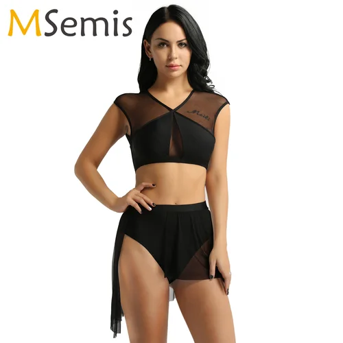 Leotardo de Ballet Sexy para mujer, vestido de baile lírico, vestido de danza contemporánea asimétrico para adultos, Tops cortos entrecruzados con falda