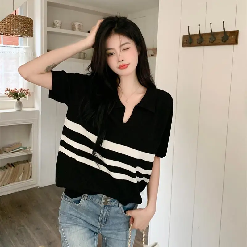 Fashion Lapel Casual Short Sleeve Knitted Striped Blouses Female Clothing 2024 Summer New Loose All-match Tops Sweet Shirts