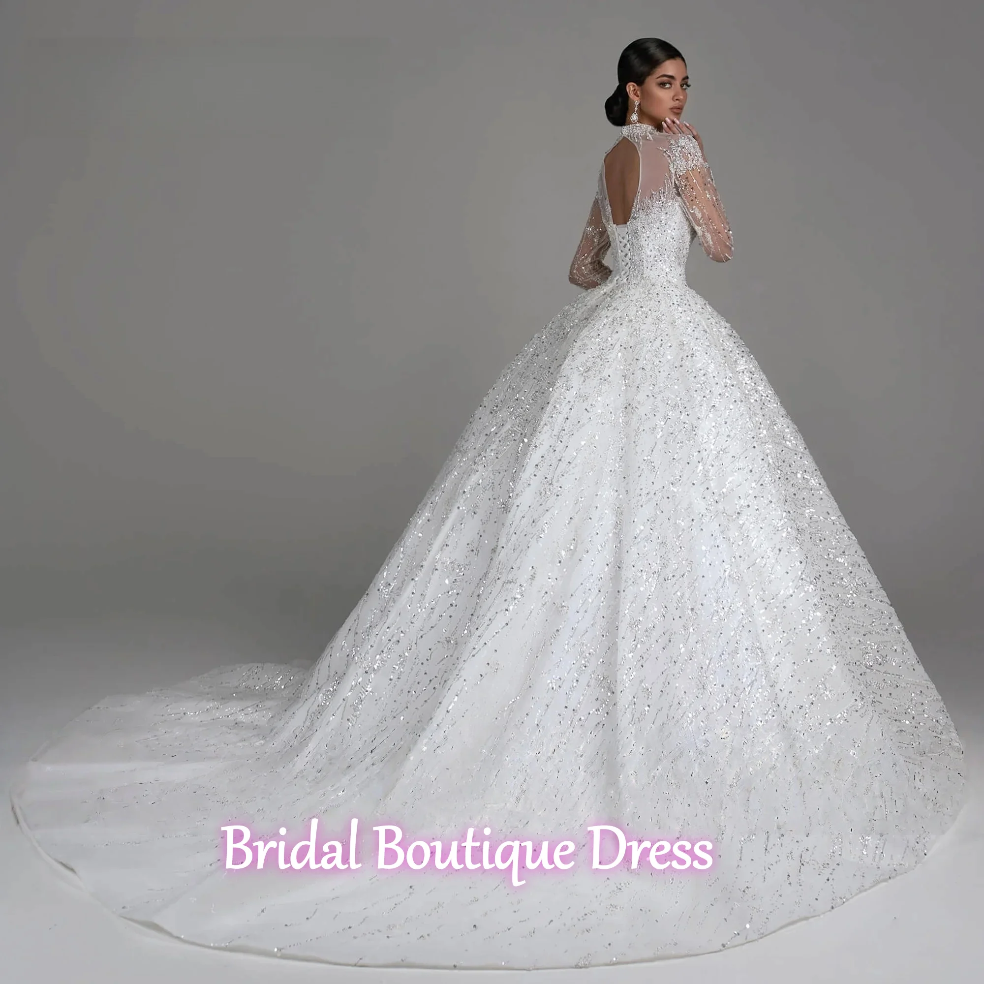 Customized Exquisite  Ball Gown Luxury Wedding Dresses High Neck Long Sleeve Bride Dress Lace Sequined Shiny Robe De Mariee