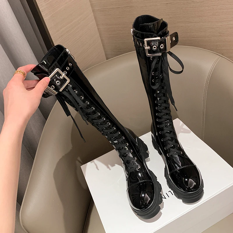 2022 Autumn and winter Women knee-high boots natural leather 22-25cm cowhide side zipper Knight boots belt buckle modern boots