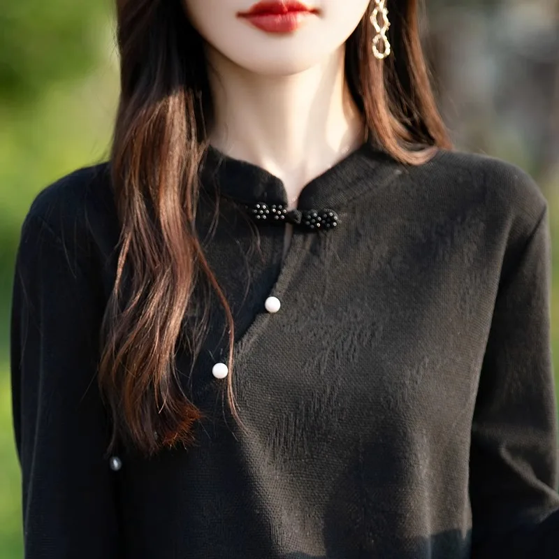 Jesienno-zimowy nowy sweter damski w stylu chińskim z guzikami, nowy chiński sweter z kołnierzykiem QiPao, haftowany, dzianinowy...