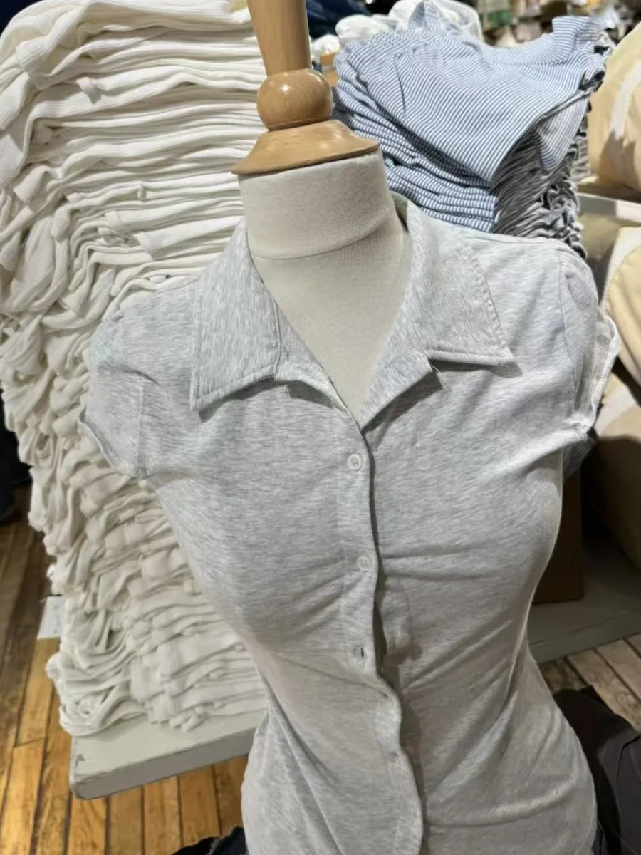 Simples cinza algodão macio manga curta camisetas femininas verão turn down collar estilo preppy topos blusa doce chique all-match camisetas