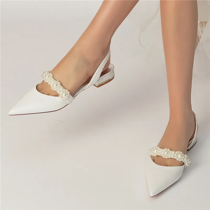 Glitter Pearls Flat Wedding Slingback Shoes Pointed Toe Prom Evening Formal Party Bridal Shoes Sandals Flats for Women