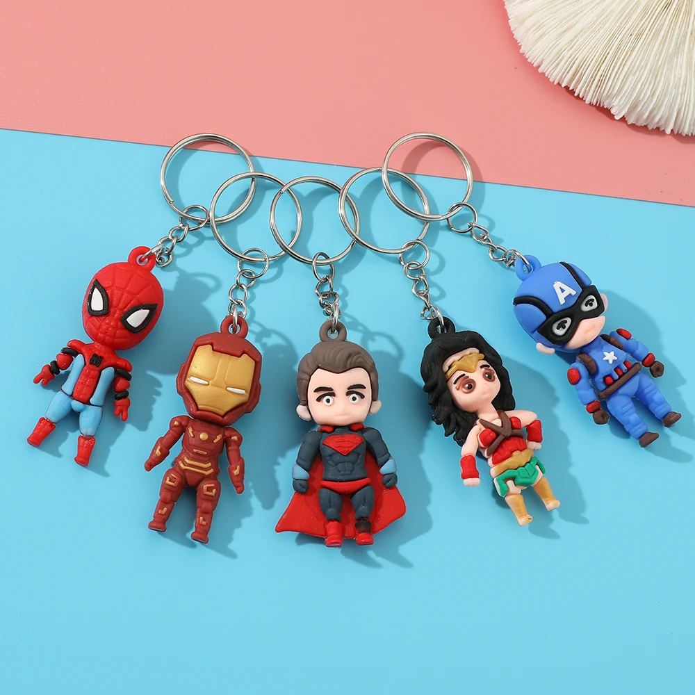 Superhero Iron Man Doll Cartoon Figure Spiderman Keychain Accessories Marvel Avengers Keyrings Bag Kids Jewelry Friendship Gift