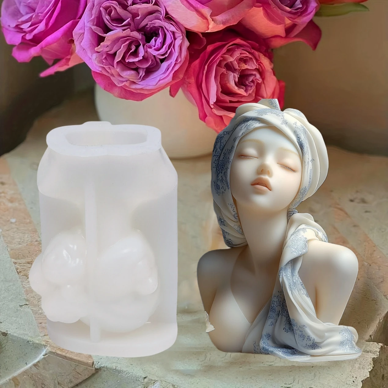 3D Headscarf Girl Candle Silicone Mold Long Hair Goddess Female Epoxy Resin Silicone Mould Female Body Concrete Gypsum Molds