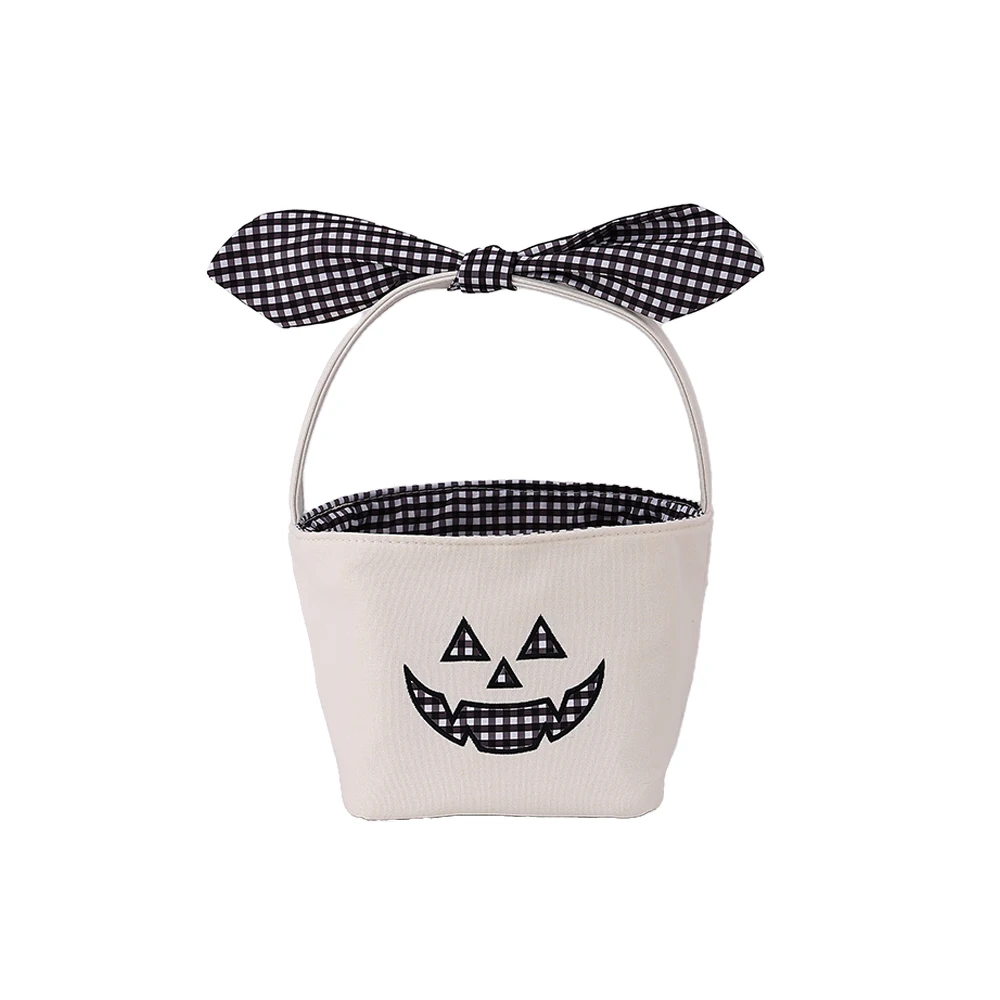 Kleiner Kürbis-Halloween-Korb aus Segeltuch, Süßigkeiten-Eimer mit Gingham-Schleifengriff für Kinder, Trick-or-Treat-Party-Dekoration – Detail 8