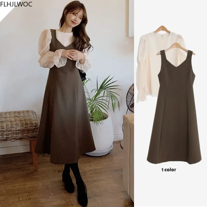 Long Chic Vestidos Fasion Women Cute Sleeveless Dresses Sweet Japanese Korean Style Preppy Girls A Line Slip Shirt Dress