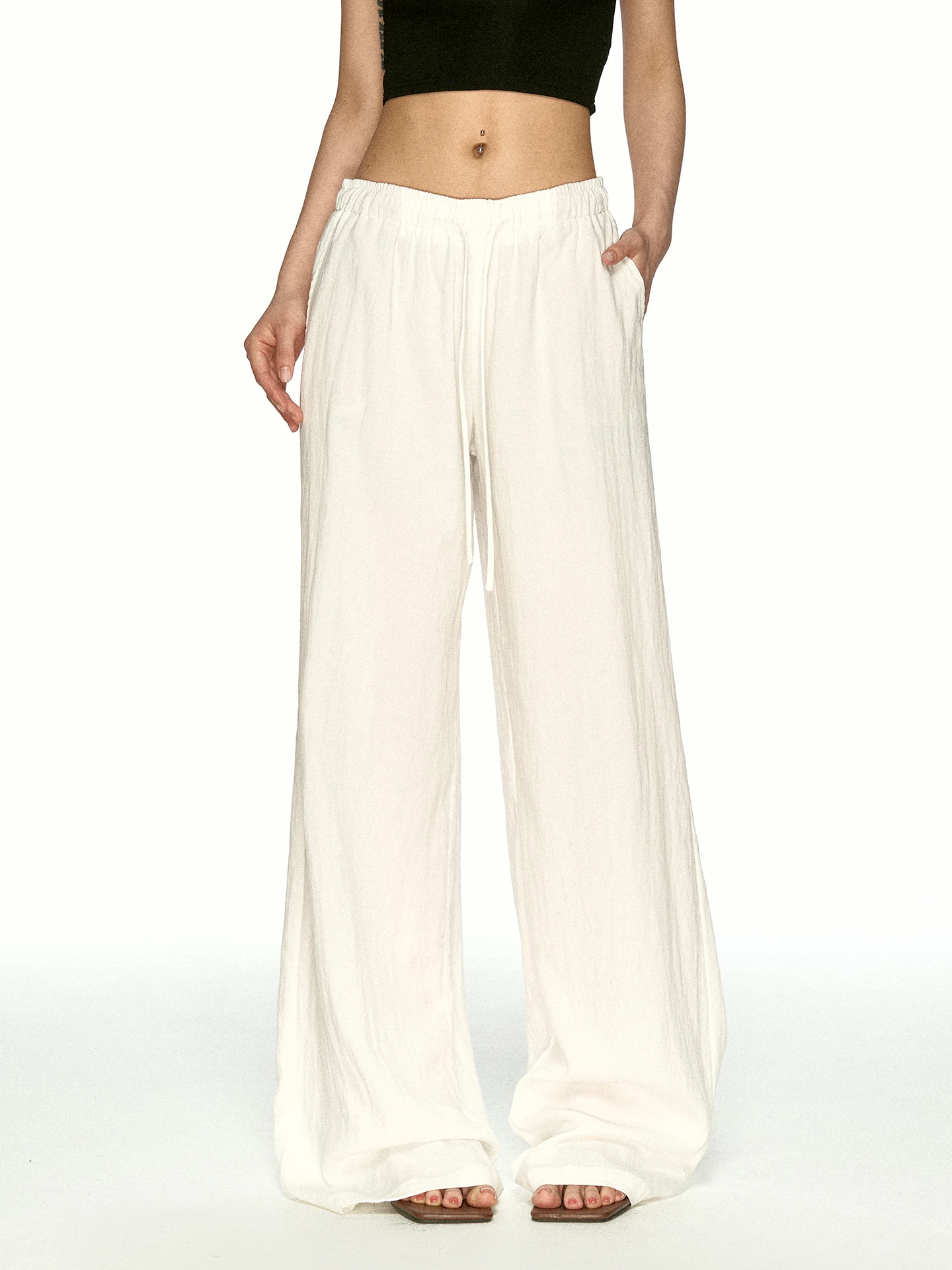 Aaisup Women's Drawstring Waist Cotton Linen Casual Pants High Waist Wide Leg Loose Fit Summer New Style Asymmetrical