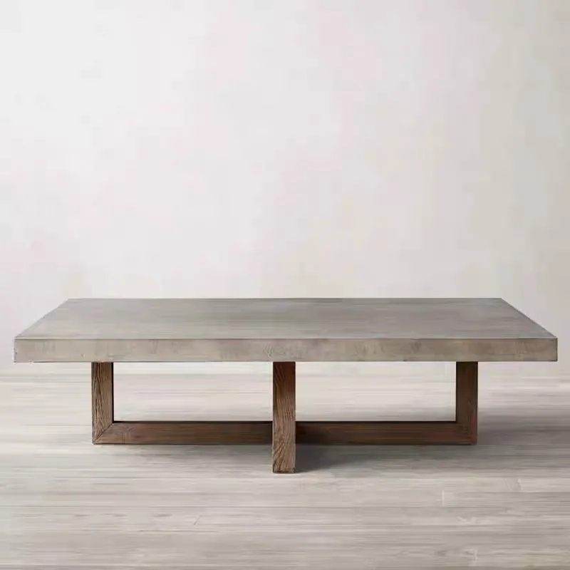 Mesa de centro gris de cemento de madera maciza, mesa redonda creativa antigua retro, mesa de té para sala de estar