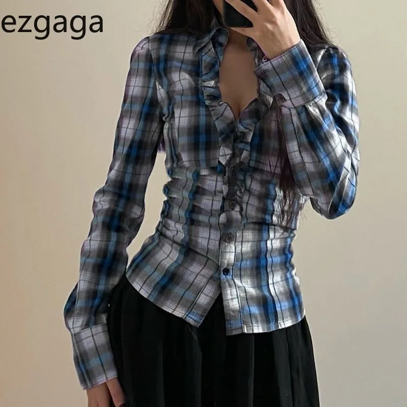 

Ezgaga Shirts Women Single Breasted Vintage Ruffles Patchwork V Neck Long Sleeve Y2k Harajuku Tops Plaid Fashion Ladies