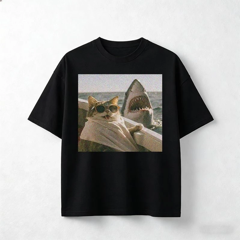 Vintage Cat Shark Meme T Shirt Cool Sunglasses Cat on Boat Graphic Tee Men Women Casual Streetwear Short Sleeve Tops