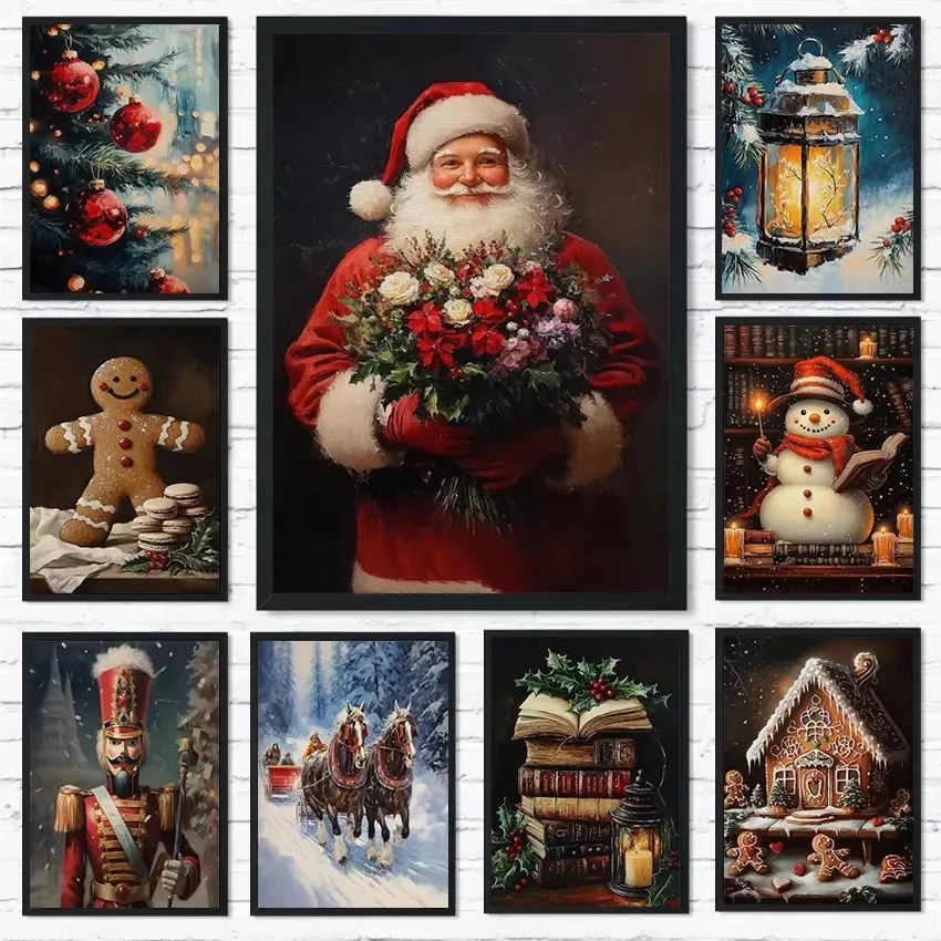 Christmas Holiday Canvas Painting Printing Santa Claus Christmas Tree Snowman Train Biscuit Wall Art Poster for Home Decor Gifts
