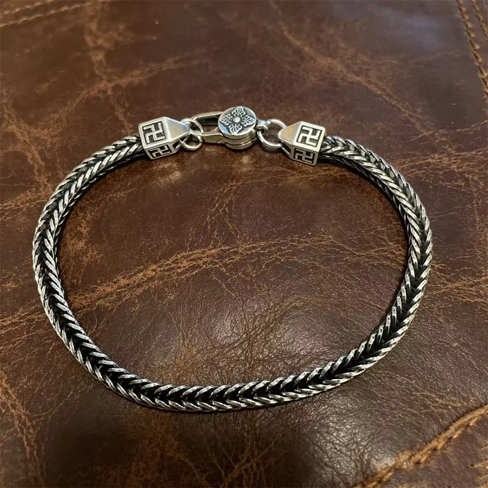 OUYADI Retro Stainless Steel Braided Wristband, Men Antique Carved Bead Bracelet Birthday Gift for Him Wholesale