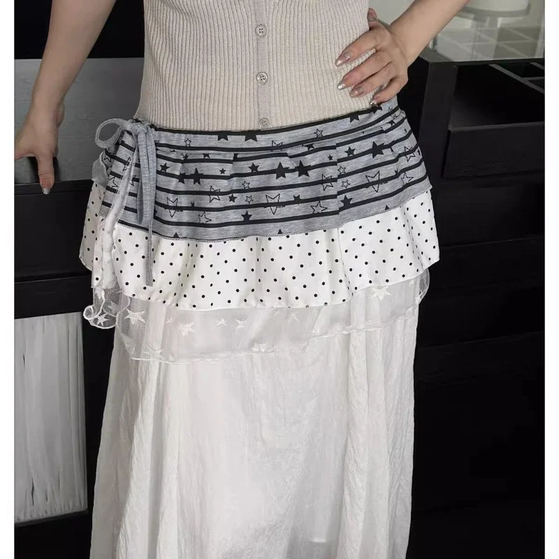 Women Y2k Layered Tiered Mini Skirt Star Polka Dot Print Mesh Hem Elastic Waist Streetwear Cover Up Skirt One-piece Wrap Skirt view 5