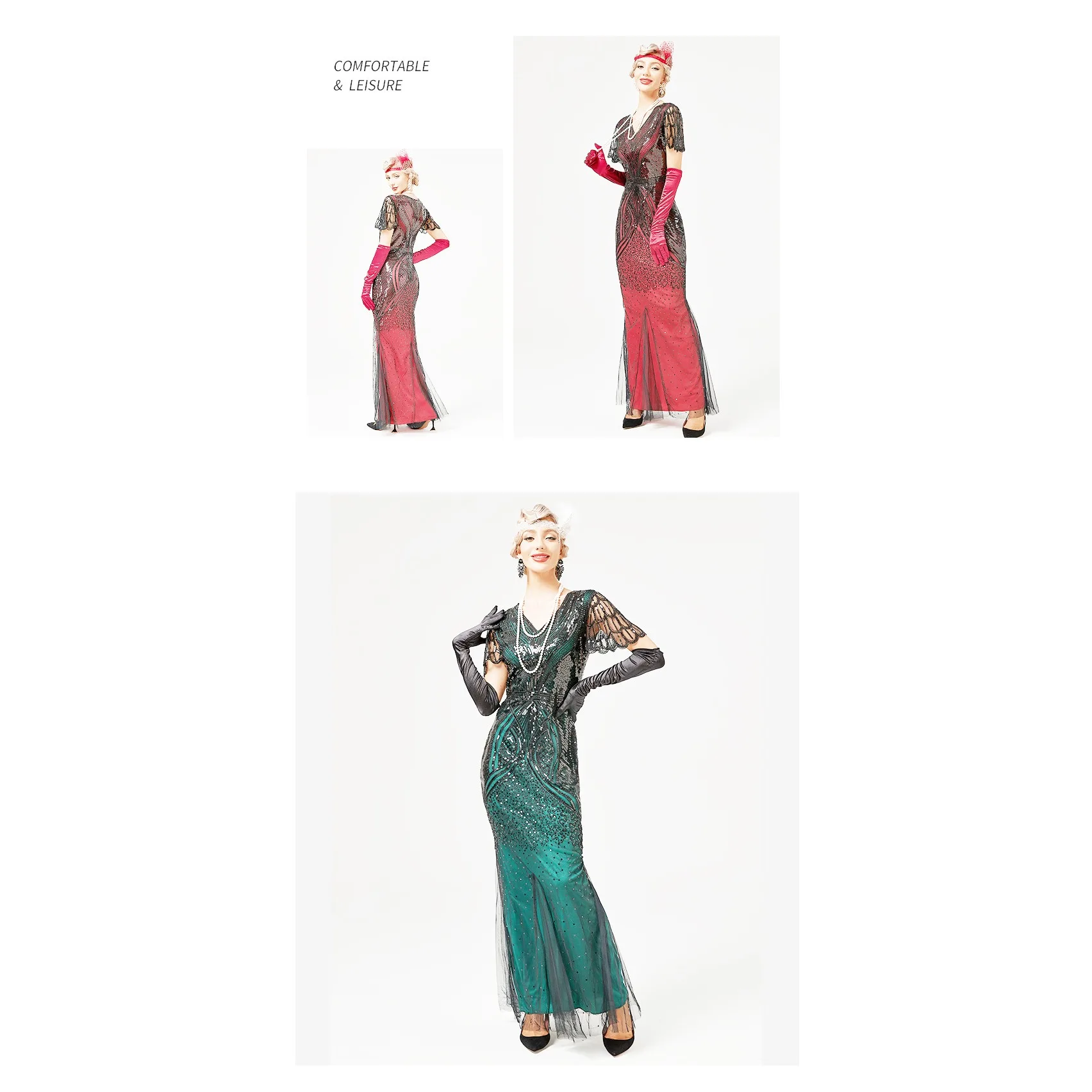 Green Vintage 1920s Long Formal Dress Short Sleeve Embroidery Floral Sequin V Neck Sexy Maxi Mermaid Dress for Party