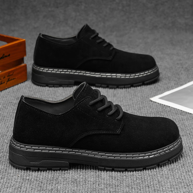 

Men Vintage Suede Casual Shoes Black Beige Platform Boots Lace-Up Work Dress Sneakers