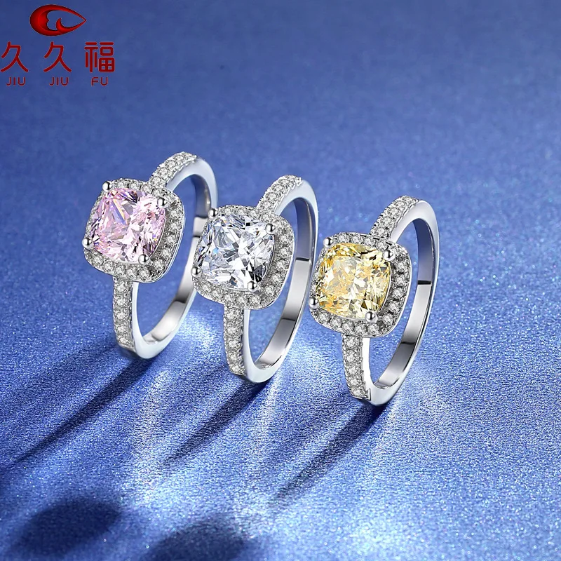 Exquisite Square Bag Color Diamond Ring for Women, PT950 Platinum Matching Moissanite, long-lasting luster.