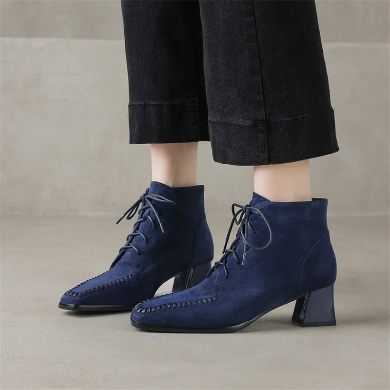 New Autumn Winter Sheep Suede Women Boots Square Toe Boots for Women Fashion Retro High Heel Lace Short Boot Handmade Blue Boots