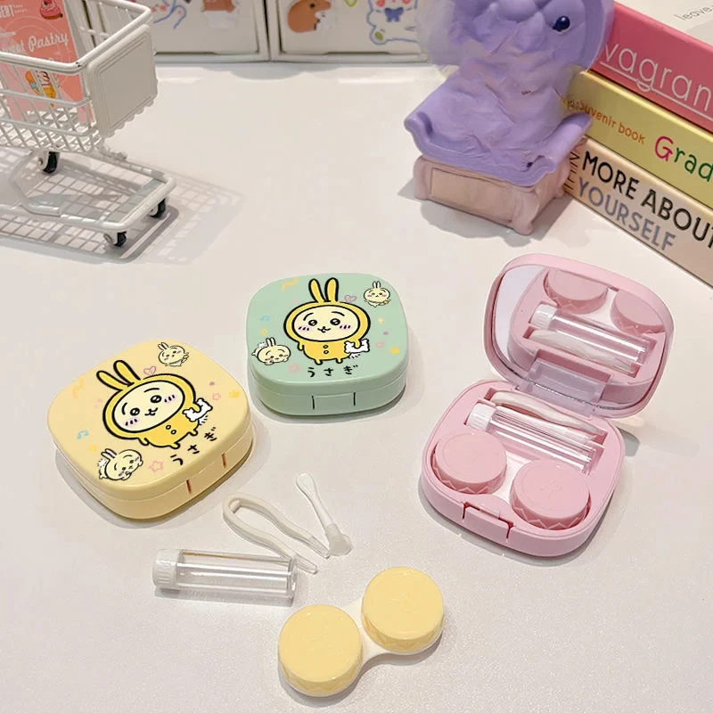 Cute Chiikawa Usagi Contact Lens Case Set Kawaii Cartoon Rabbit Portable Contact Lens Storage Box With Mirror Tweezers For Girls