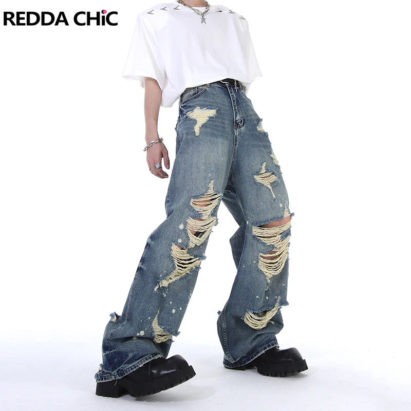 REDDACHIC Men's Torn Ripped Baggy Jeans Hiphop Loose Fit Casual Brushed Straight Wide Leg Pants Vintage Y2k Trousers Streetwear